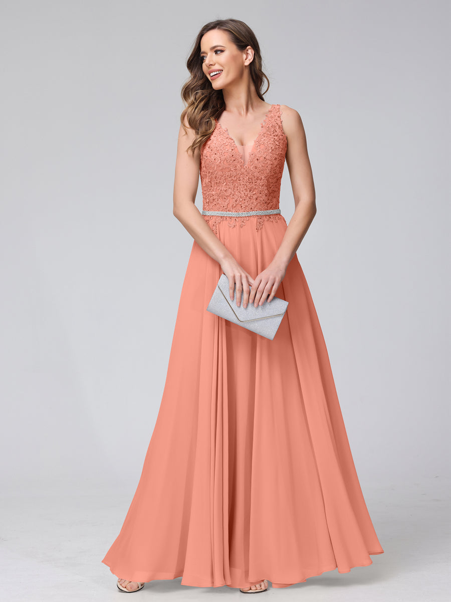 Brielle coral front view prom dress