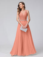 Brielle coral front view prom dress