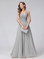 Brielle silver front view prom dress