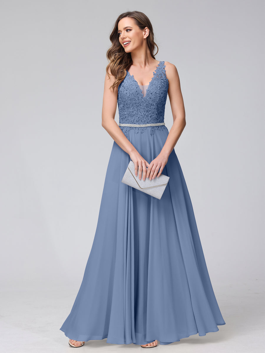 Brielle steel blue front view prom dress