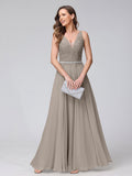 Brielle taupe front view prom dress
