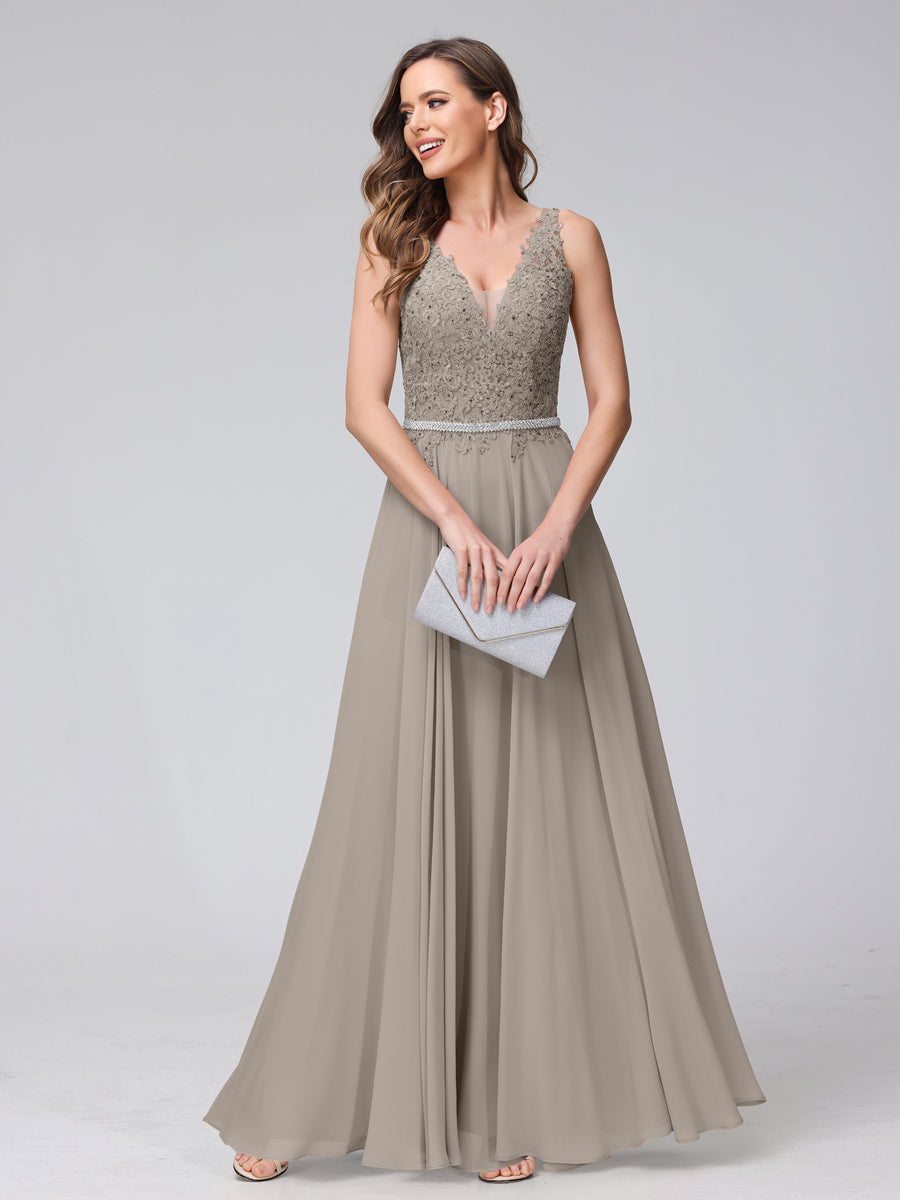 Brielle taupe front view prom dress
