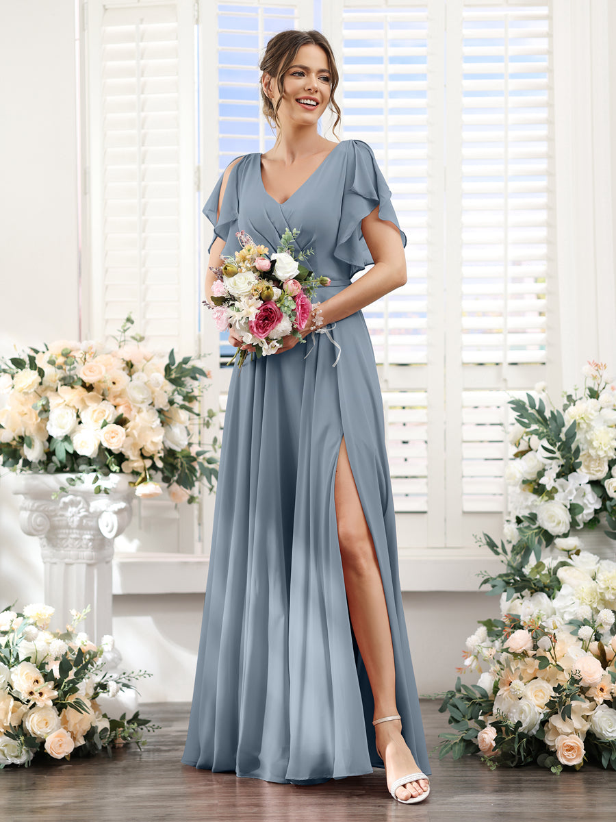 Valeria Dusty Blue front view bridesmaid dress