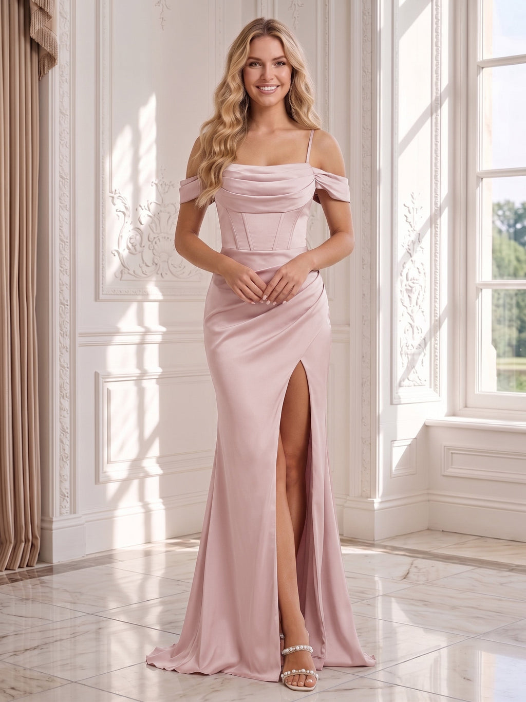 Cressida Bloom Dusty Rose front view wedding guest dress