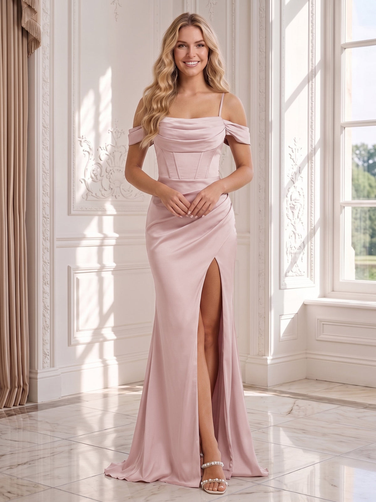 Cressida Bloom Dusty Rose front view wedding guest dress