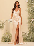 Maristella Peach fabric detail bridesmaid dress