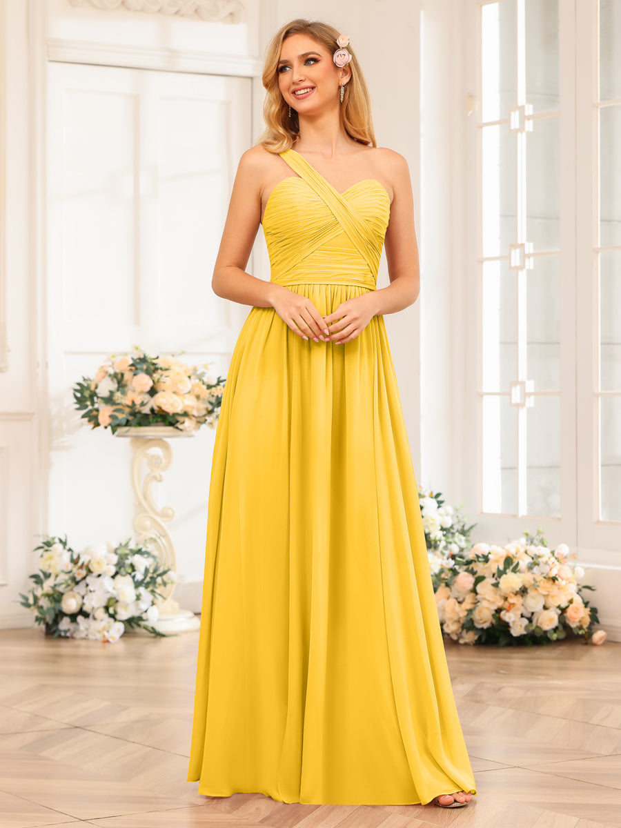 Nerissa Gold back view bridesmaid dress