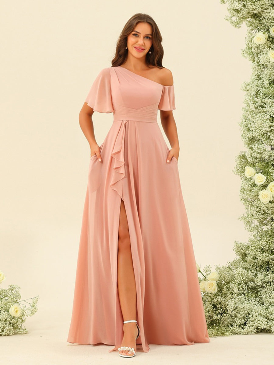 Fiamma Peach front view bridesmaid dress