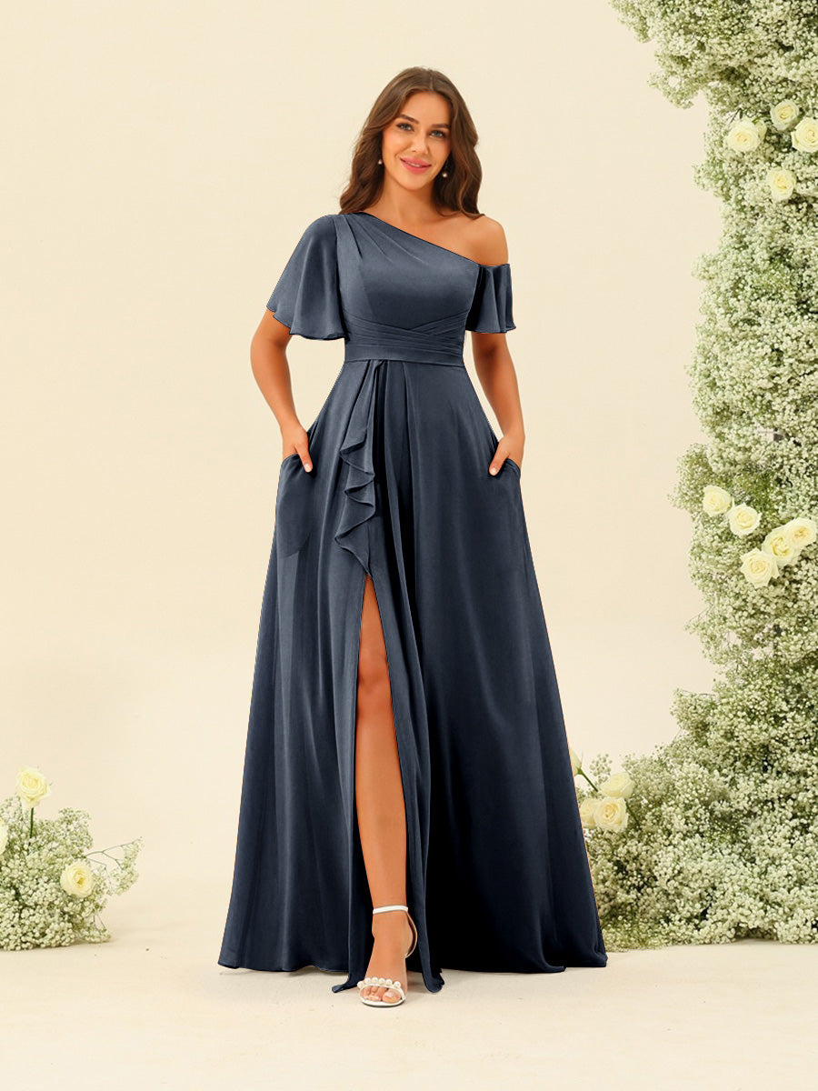 Fiamma Navy Blue front view bridesmaid dress