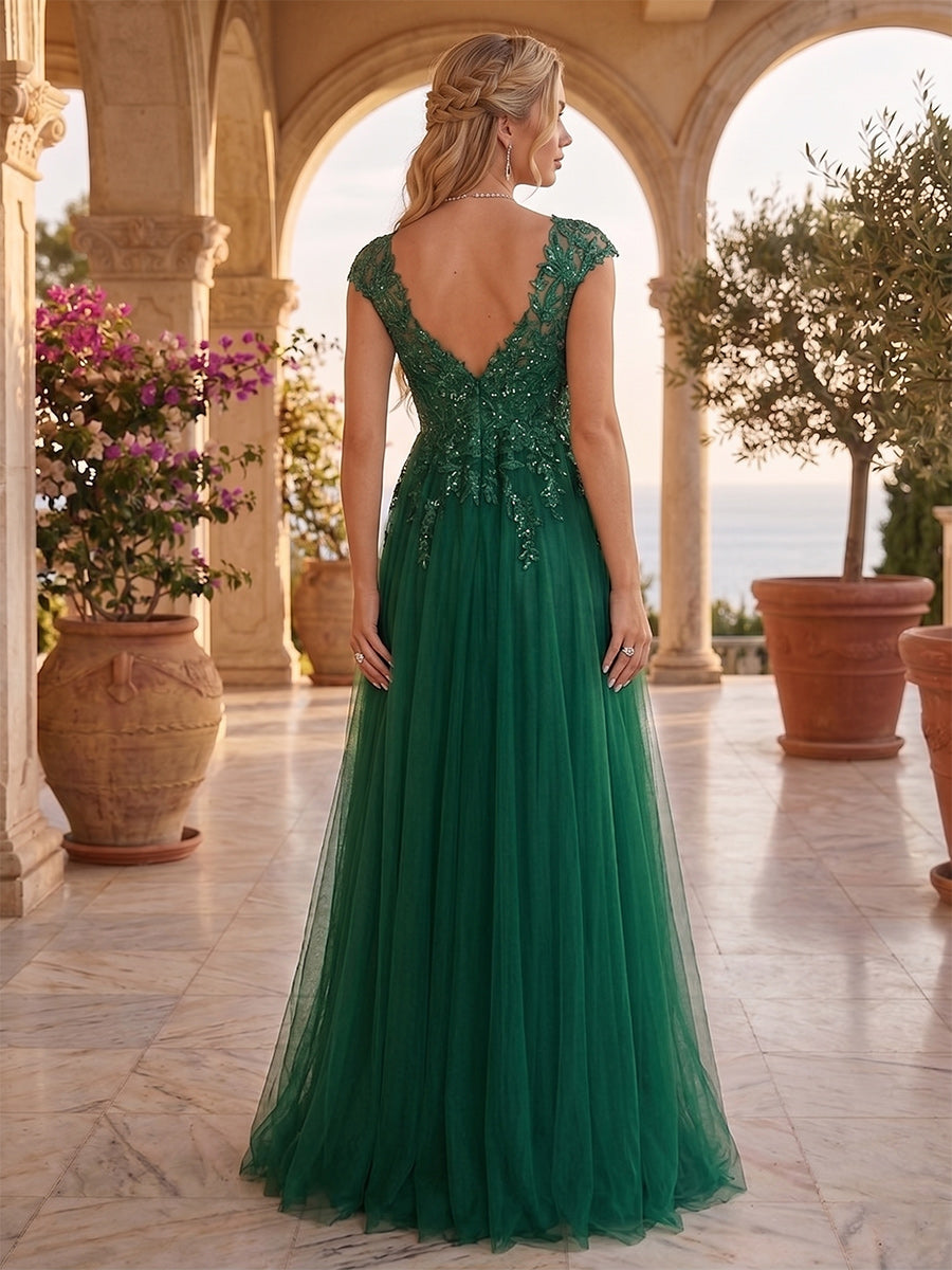 Winona Faye Hunter Green back view wedding guest dress