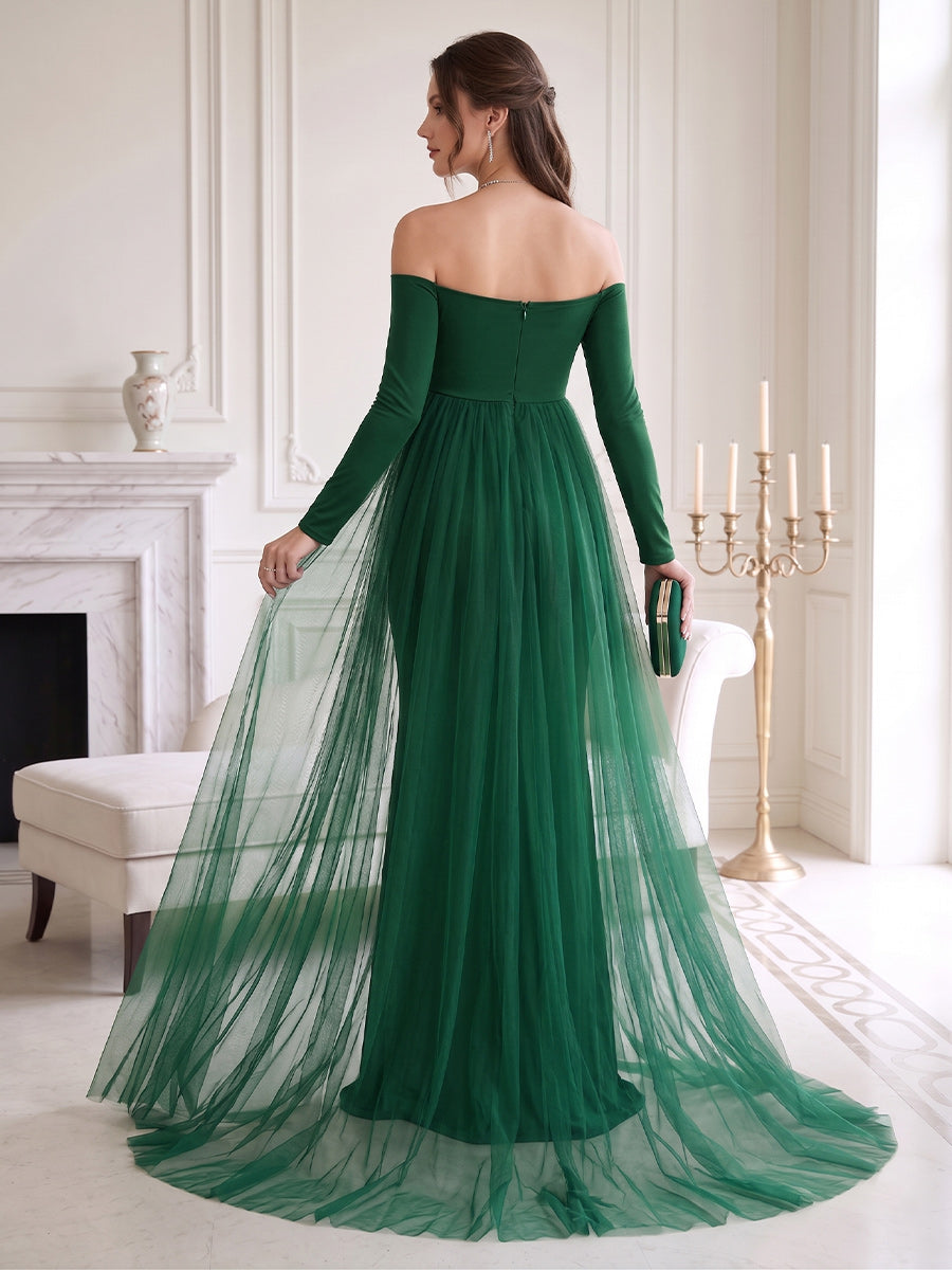 Theodora Muse Hunter Green back view wedding guest dress