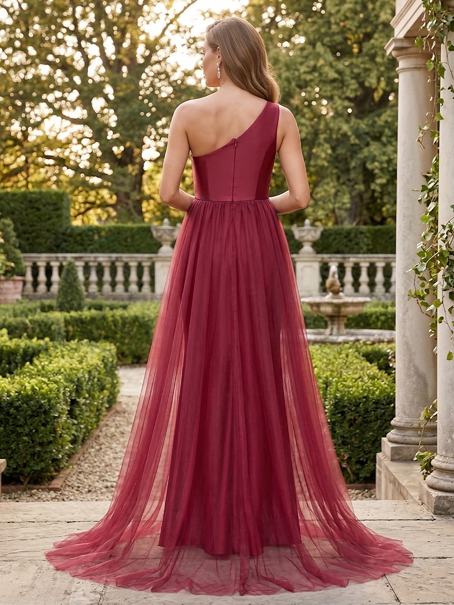 Elara Moon Burgundy back view wedding guest dress
