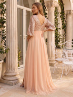 Ilaria Rose Champagne back view wedding guest dress