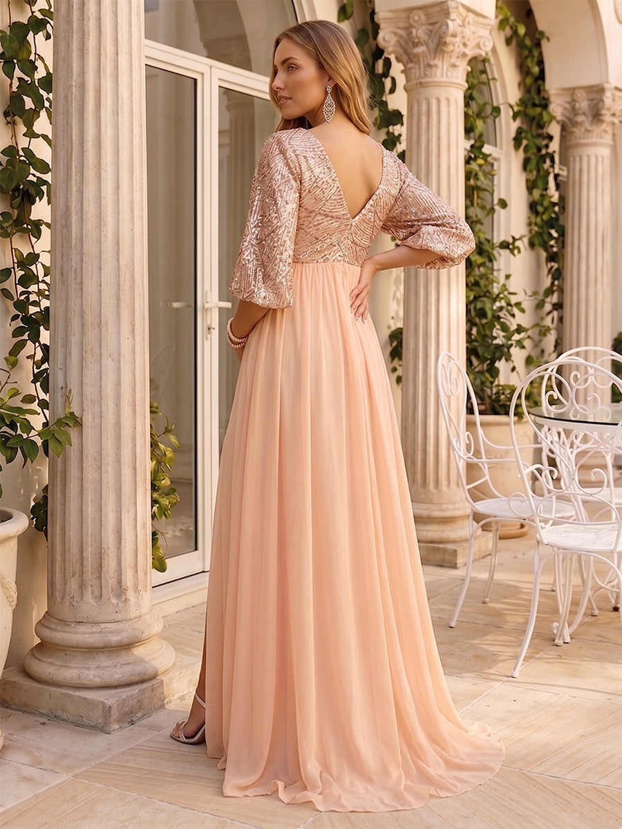 Ilaria Rose Champagne back view wedding guest dress