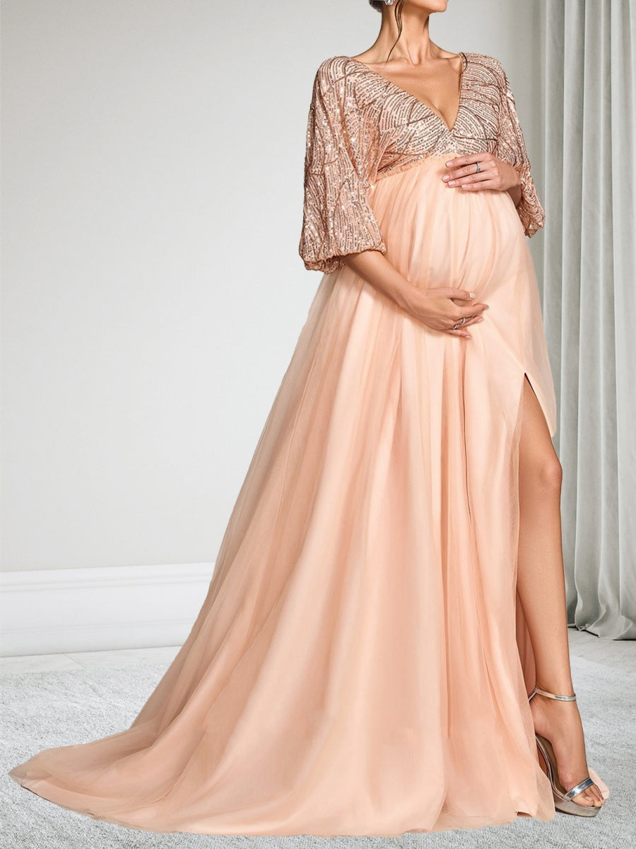 Ilaria Rose Champagne side view wedding guest dress