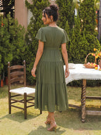 Elodie Rain Olive Green back view wedding guest dress