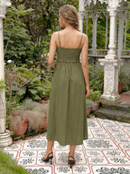 Isadora Pearl Olive Green back view wedding guest dress
