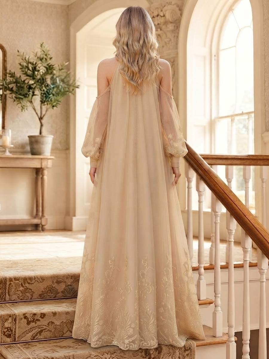 Celestine Rae Champagne back view wedding guest dress