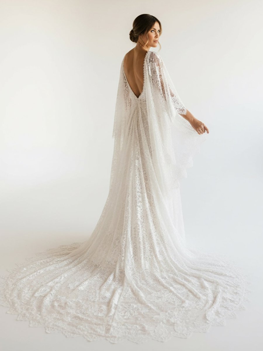 White Lace Mermaid Wedding Dress with V-Neck Neckline and Appliques