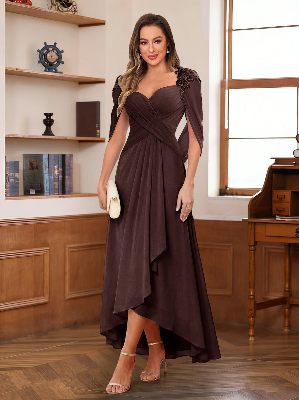 Yara Elise Brown front view mother of the bride dress