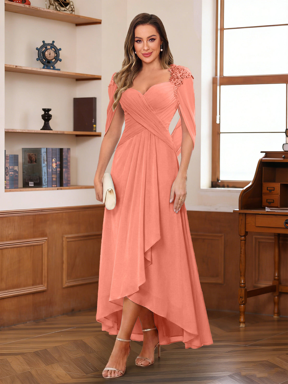 Yara Elise Coral back view mother of the bride dress