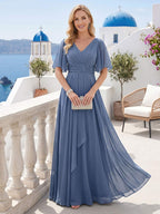 Adora Steel Blue front view wedding guest dress