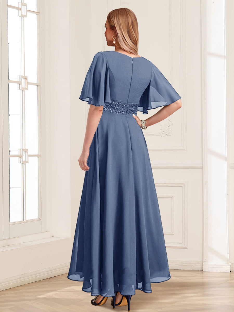Adora Steel Blue back view wedding guest dress
