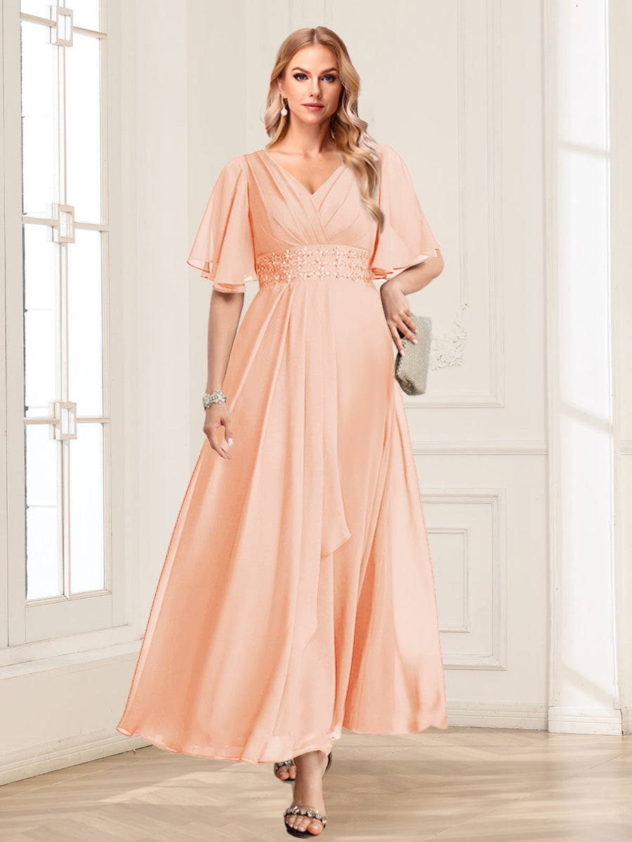 Una Maribel Peach front view mother of the bride dress