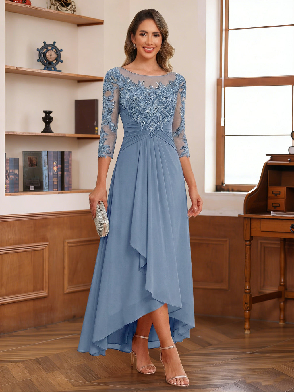Anaelle dusty blue front view mother of the bride dress