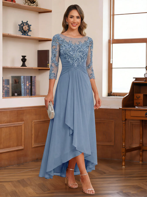 Anaelle dusty blue front view mother of the bride dress