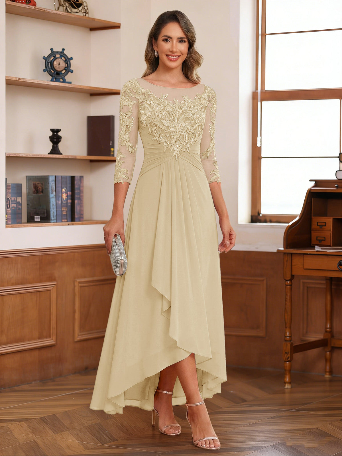 Anaelle champagne front view mother of the bride dress