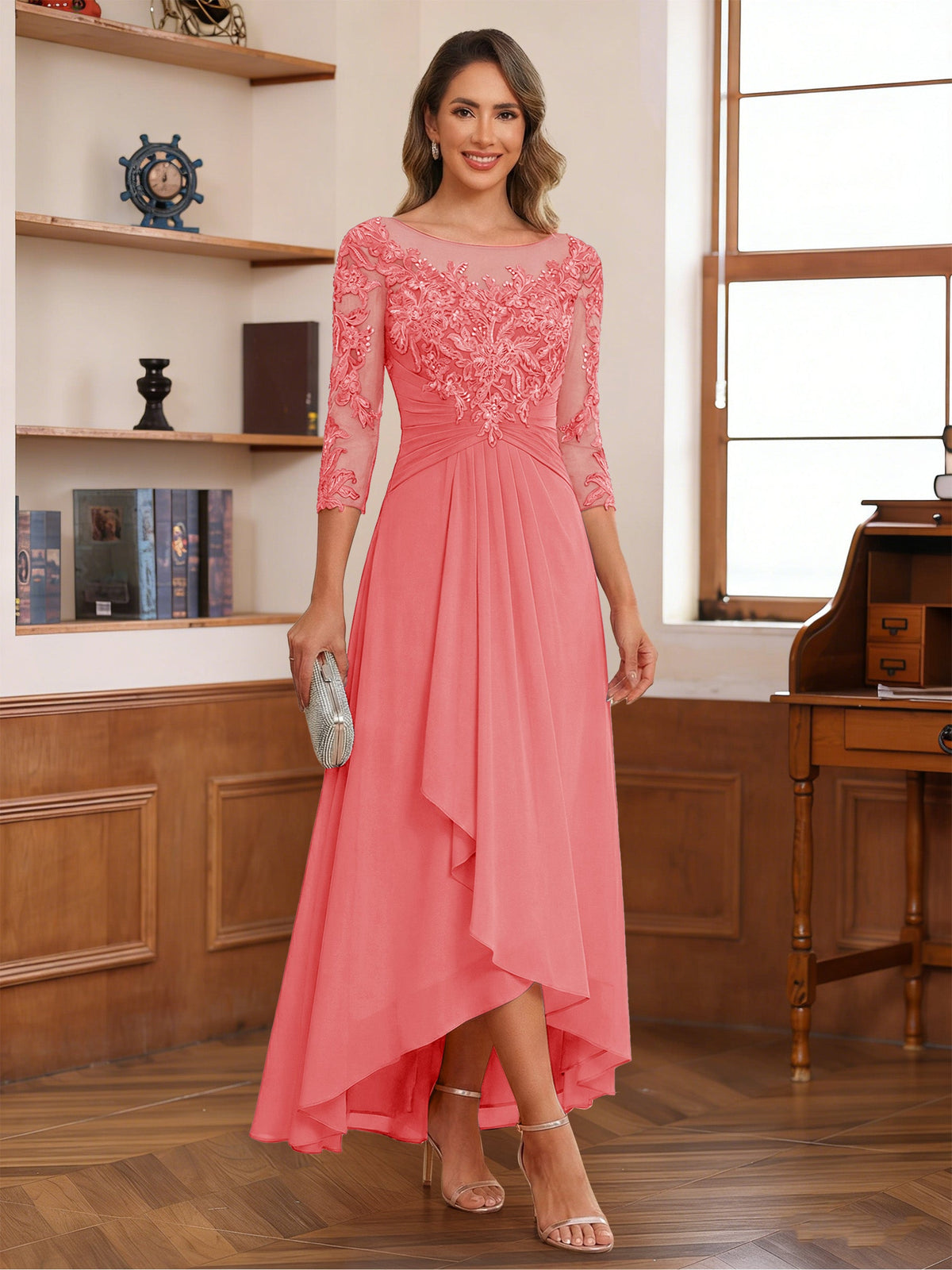 Anaelle coral front view mother of the bride dress