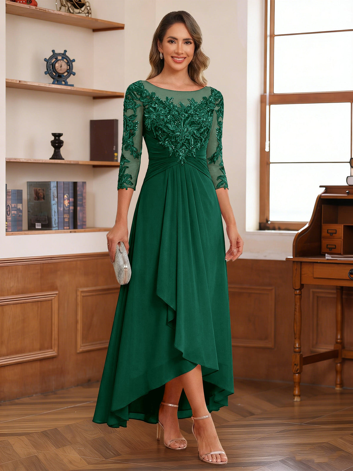 Anaelle hunter green front view mother of the bride dress