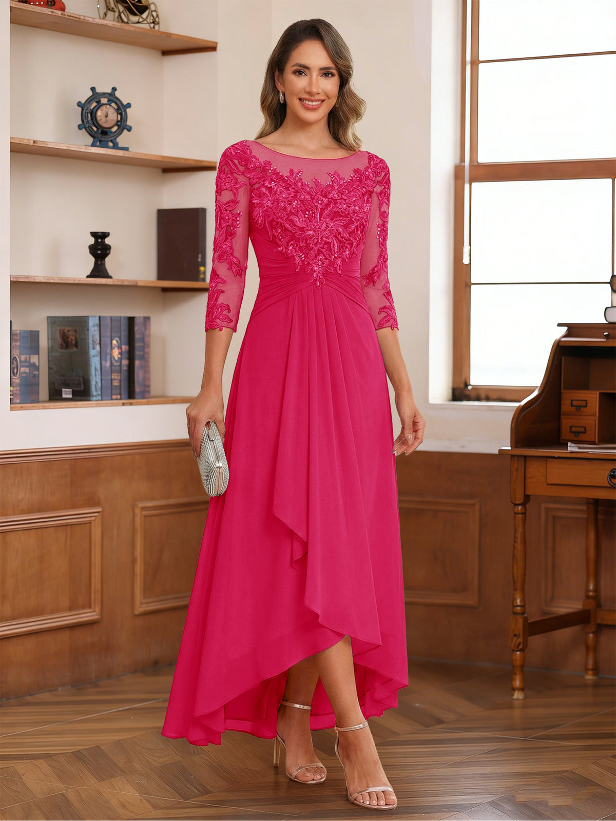 Anaelle hot pink front view mother of the bride dress