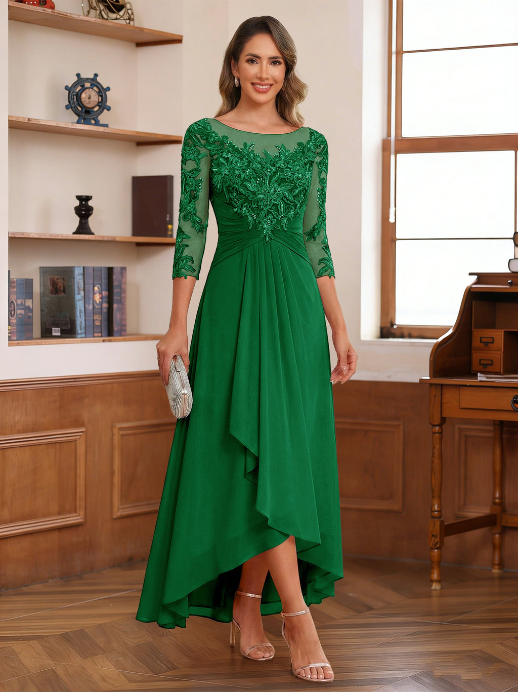 Anaelle forest green front view mother of the bride dress