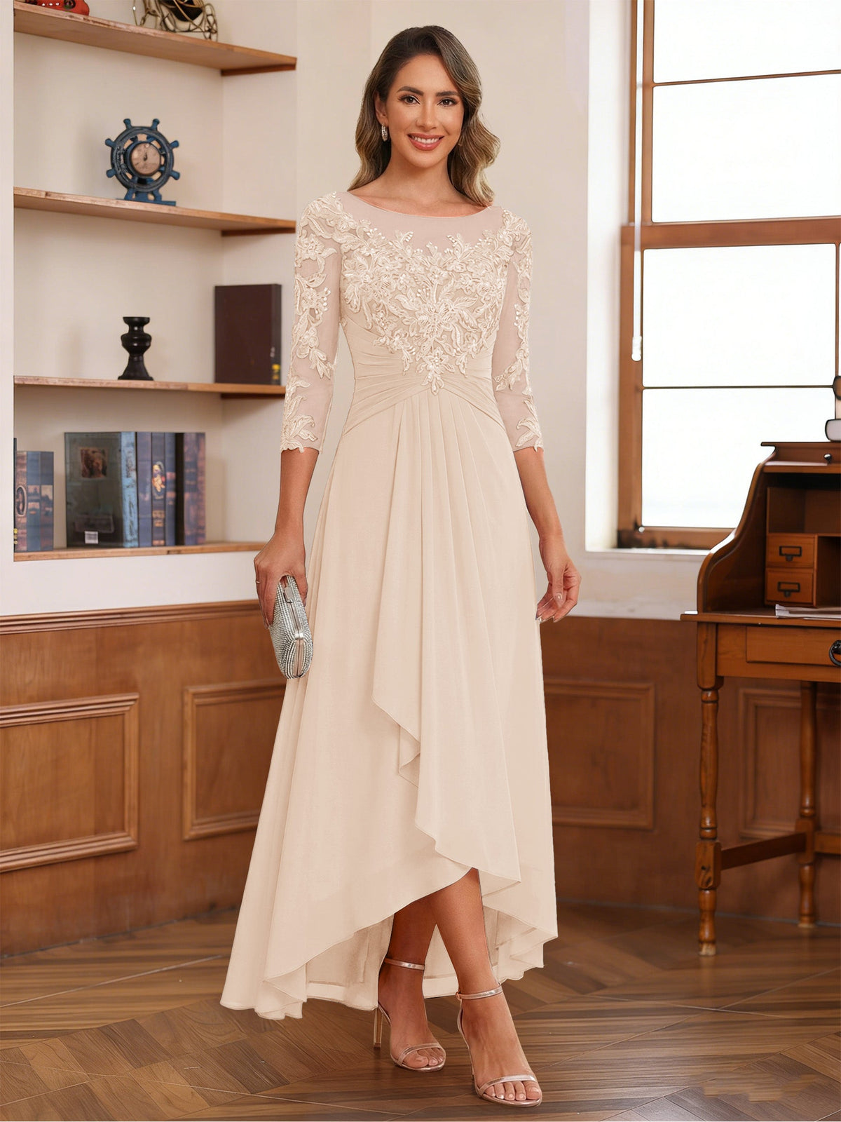 Anaelle champagne alternate front view 2 mother of the bride dress