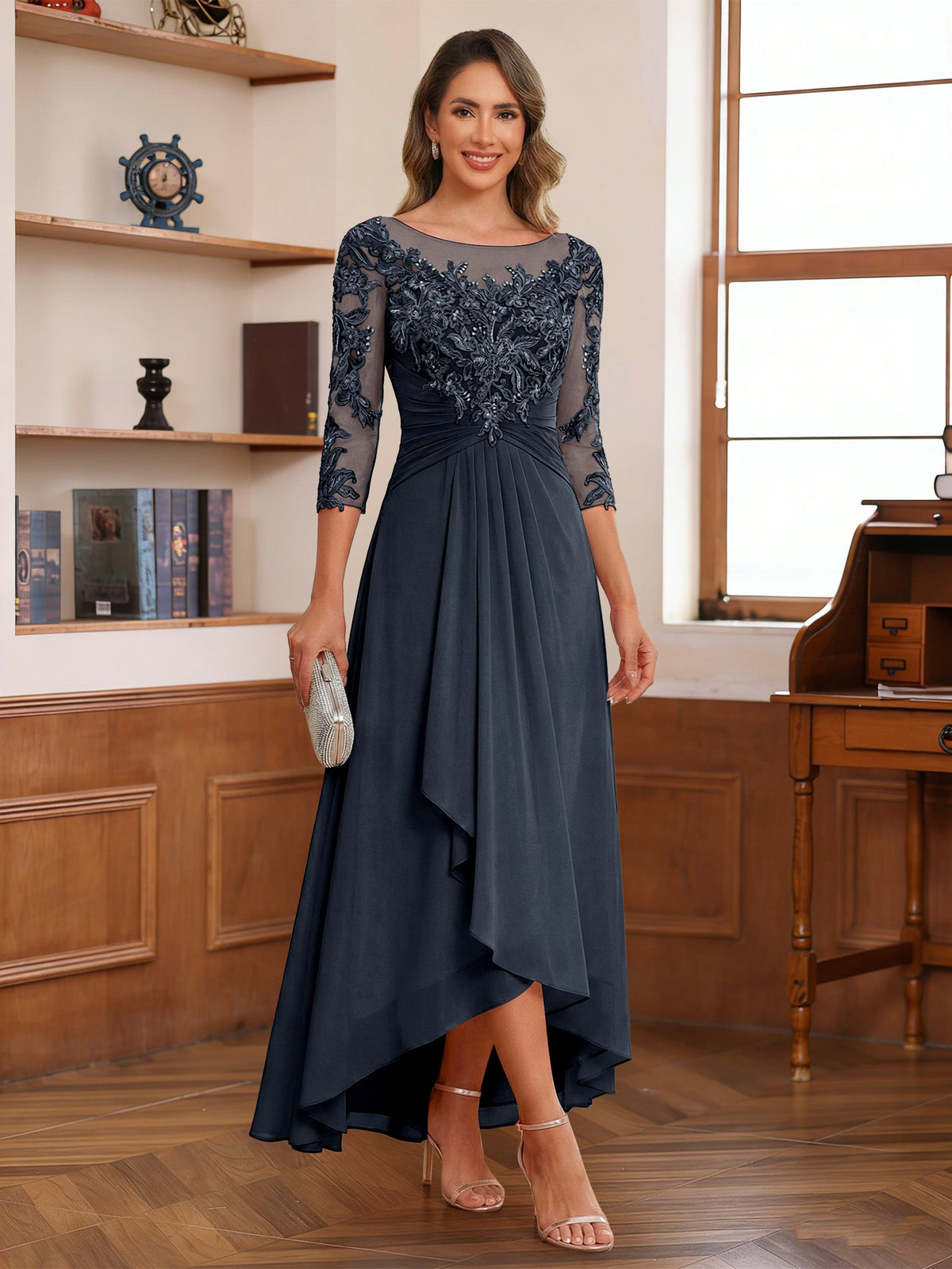 Anaelle navy blue front view mother of the bride dress