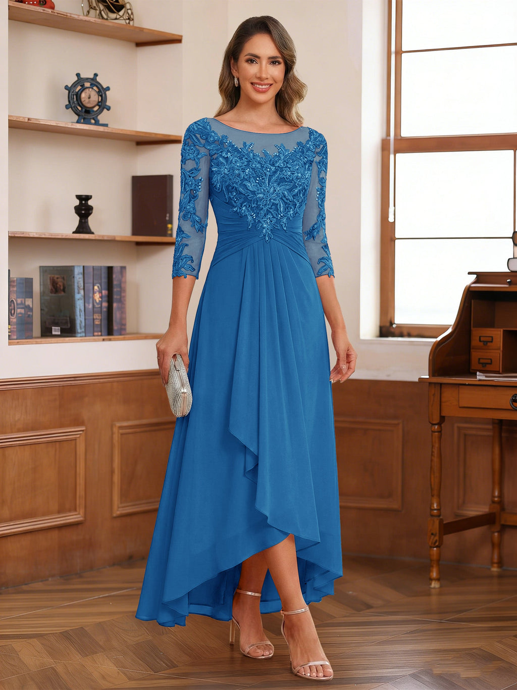 Anaelle ocean blue front view mother of the bride dress