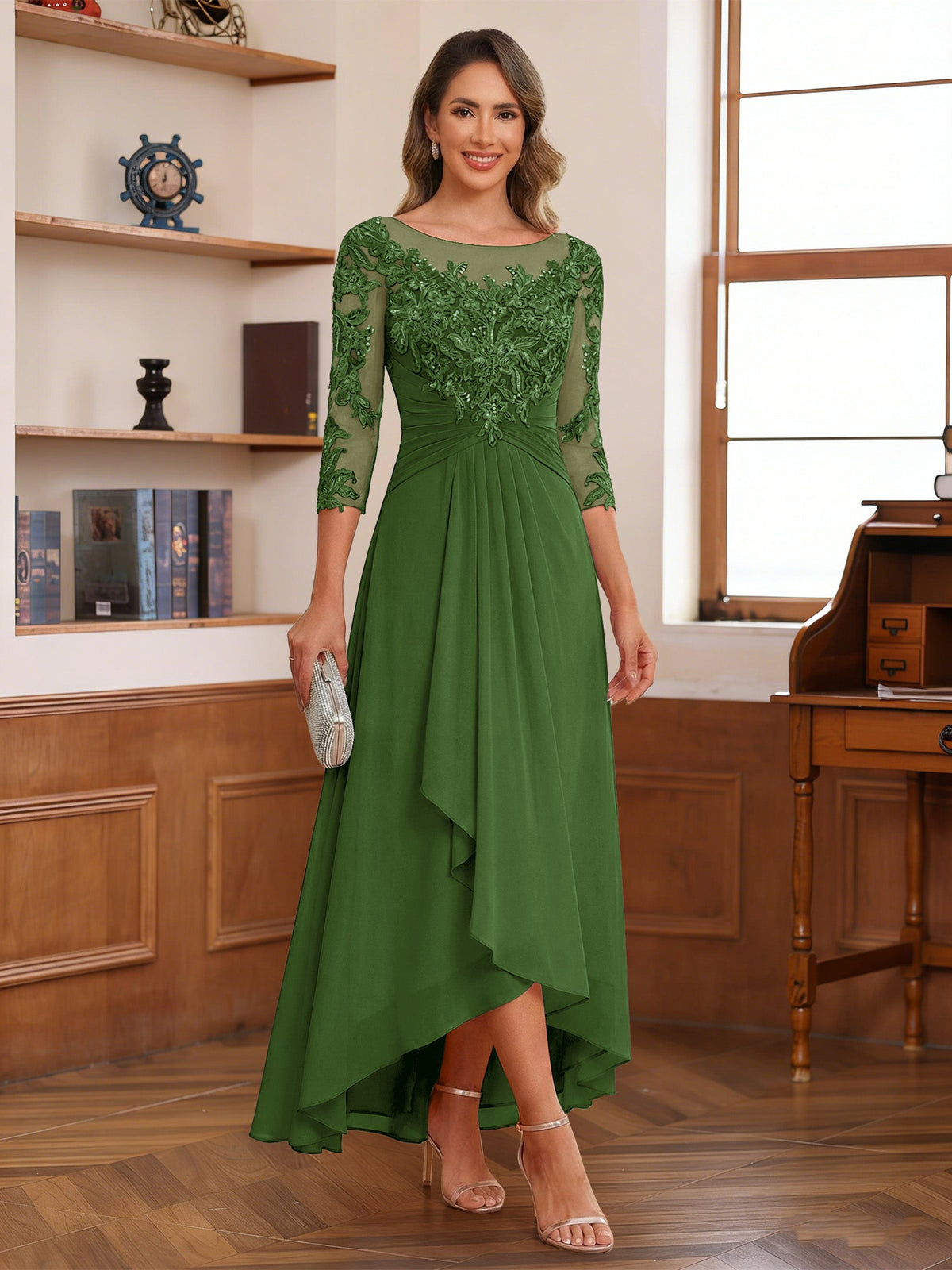 Anaelle olive green front view mother of the bride dress
