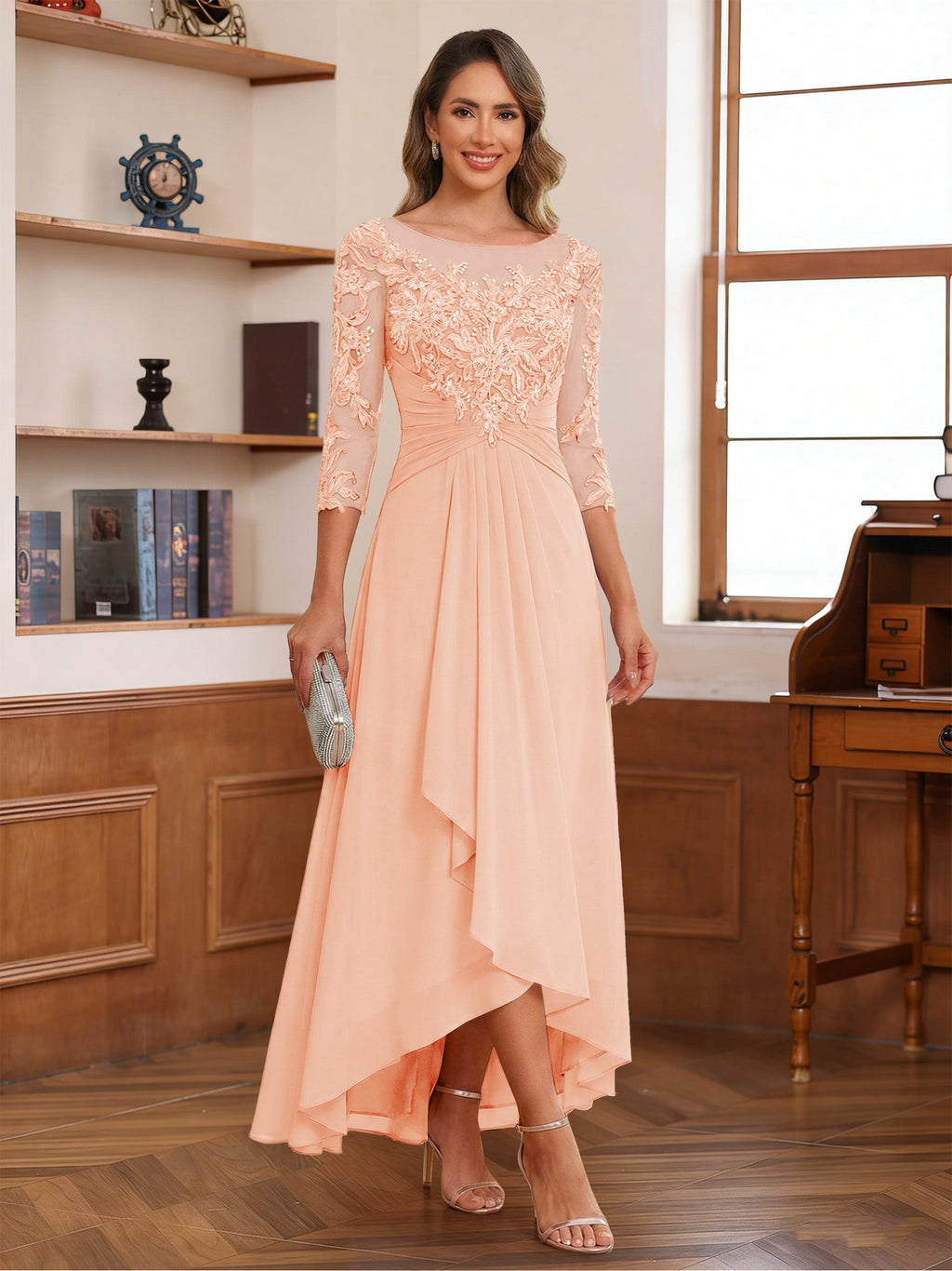 Anaelle peach front view mother of the bride dress