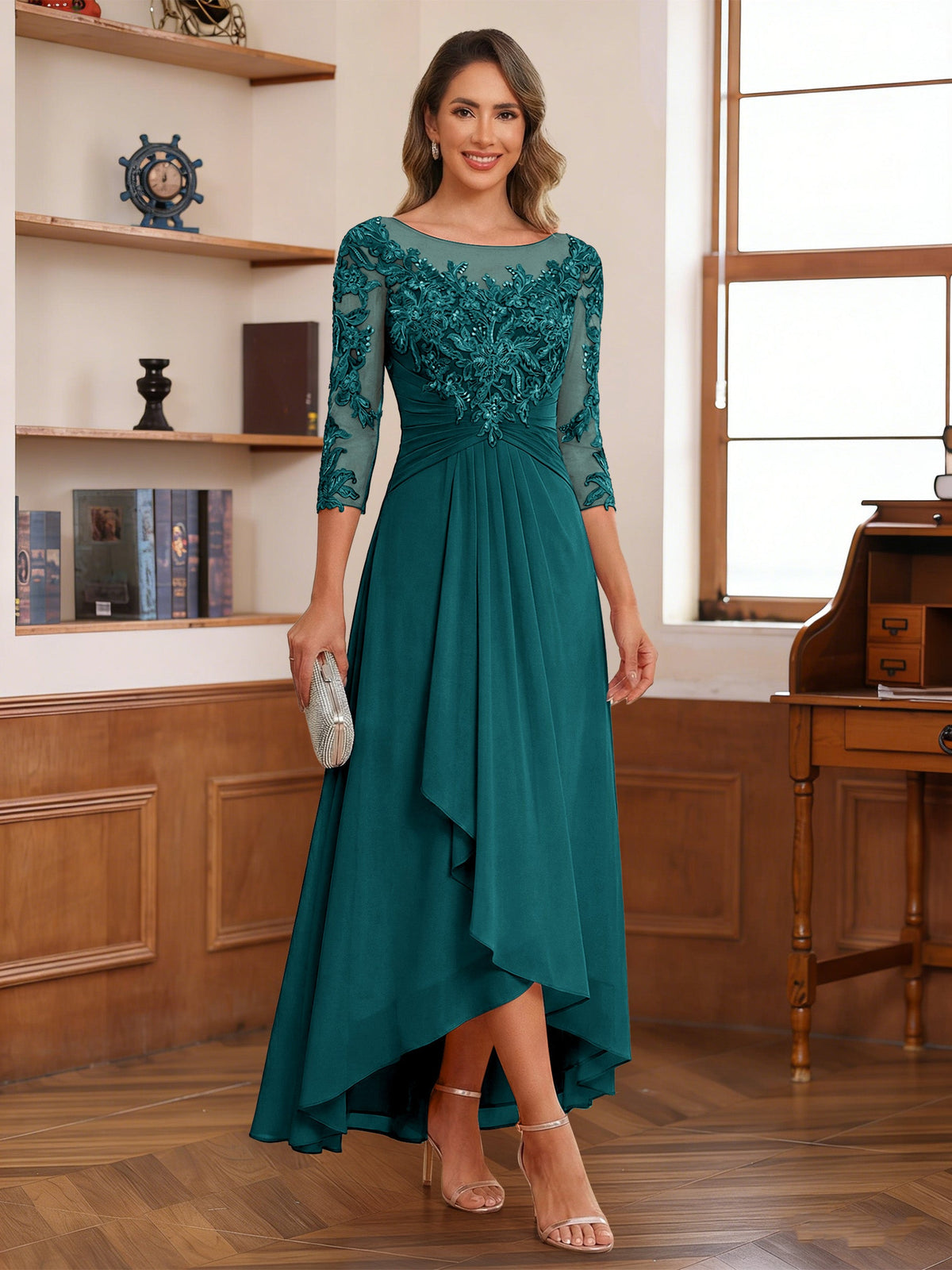 Anaelle peacock front view mother of the bride dress