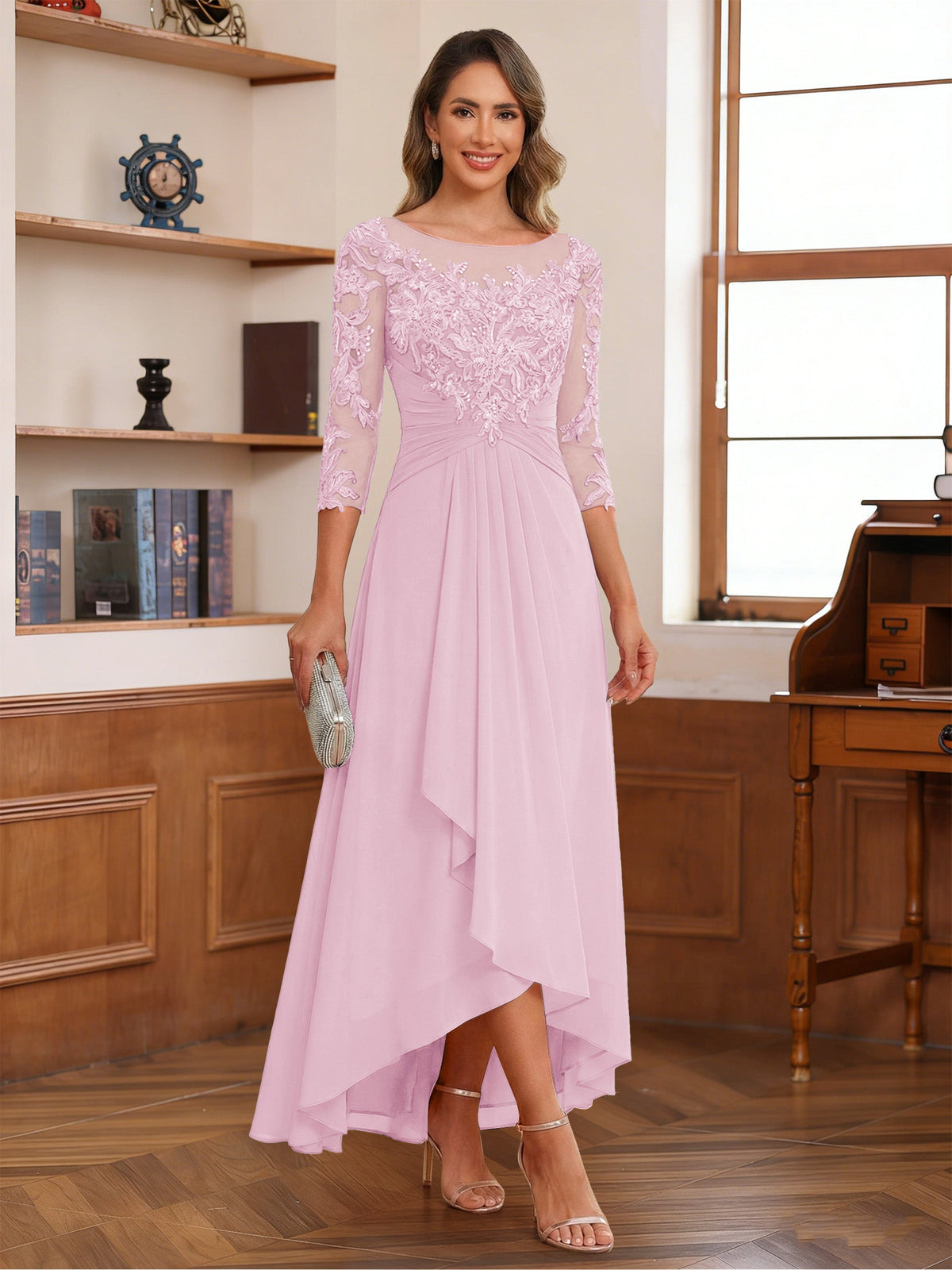 Anaelle rose pink front view mother of the bride dress