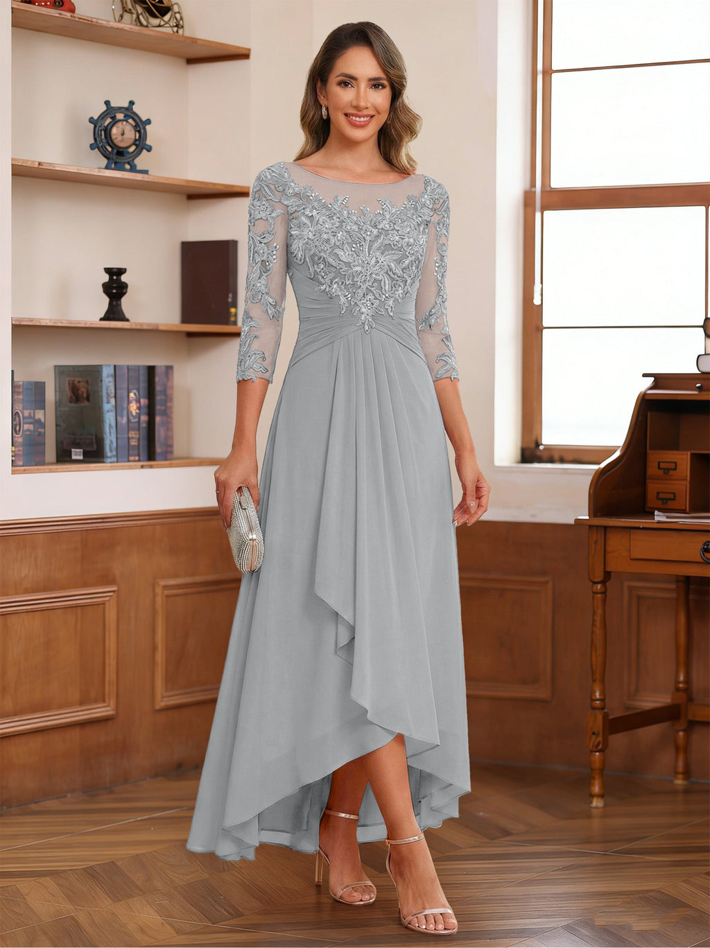 Anaelle silver front view mother of the bride dress