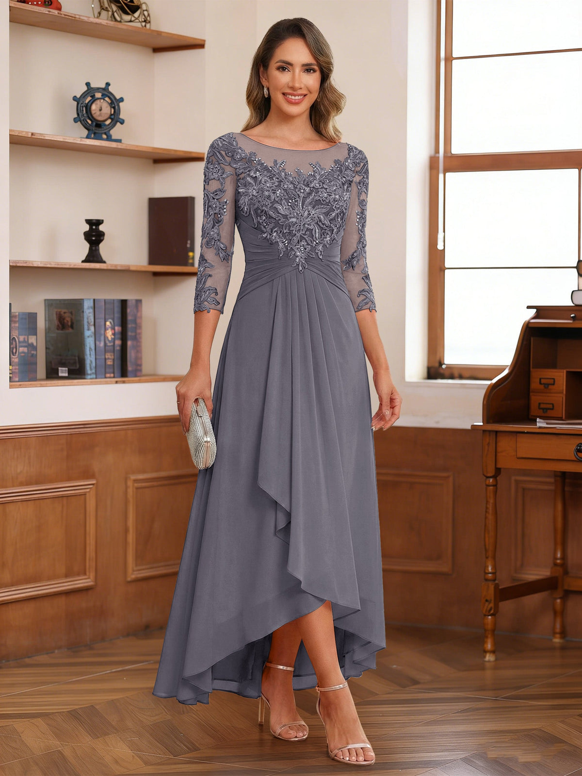 Anaelle steel grey front view mother of the bride dress