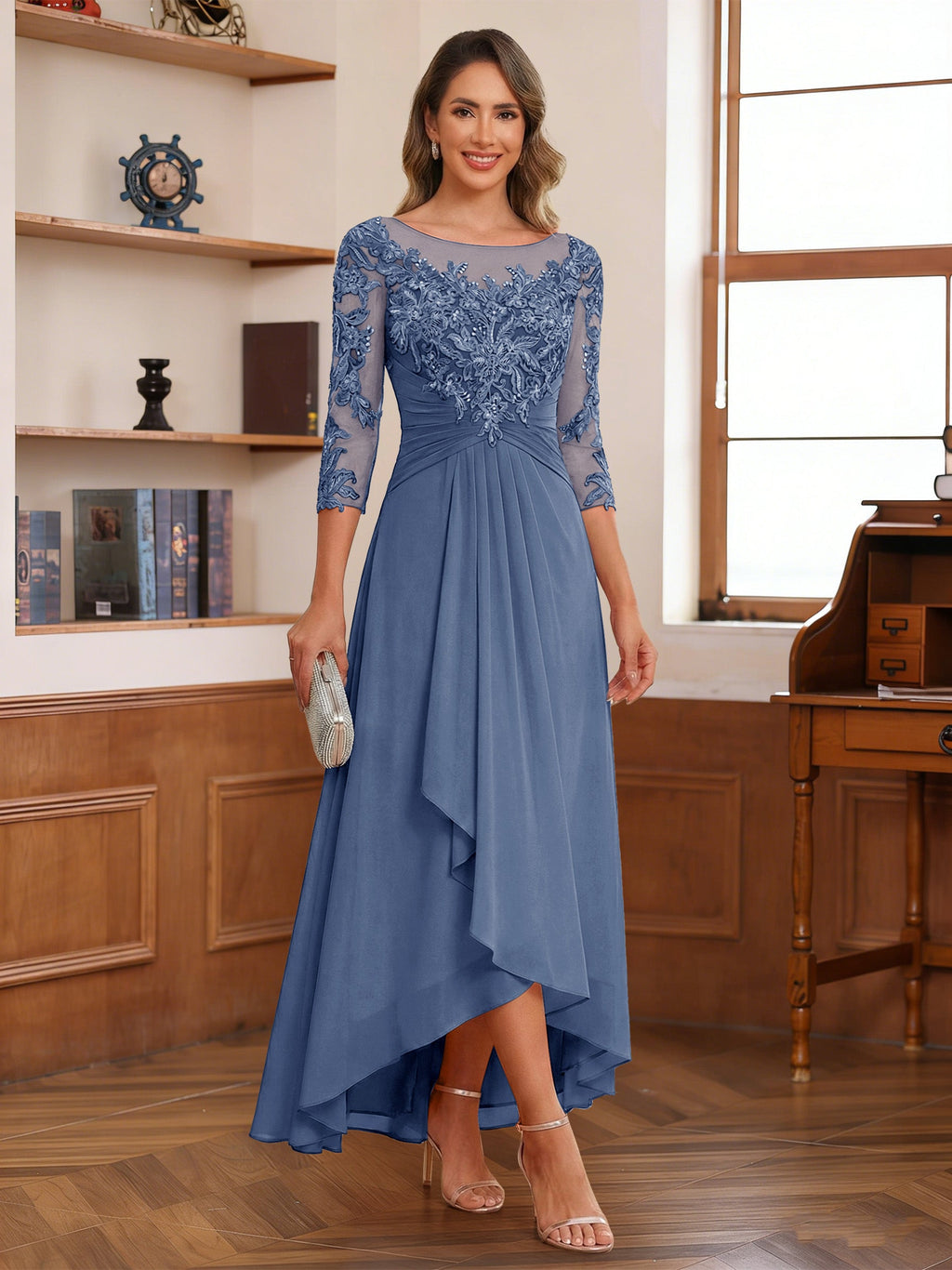 Anaelle steel blue front view mother of the bride dress