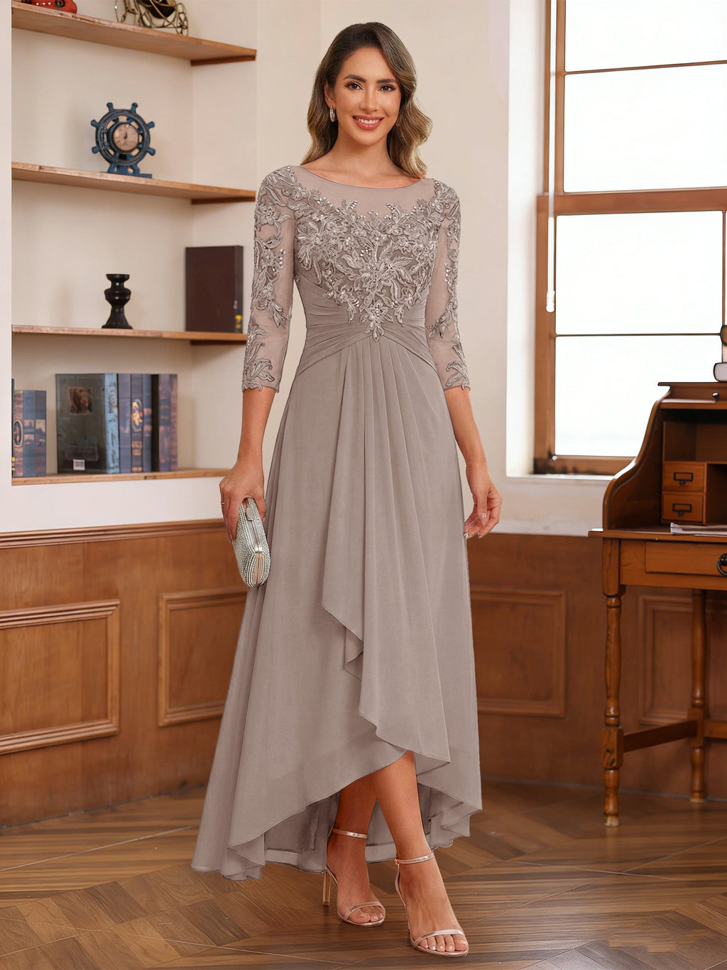 Anaelle taupe front view mother of the bride dress