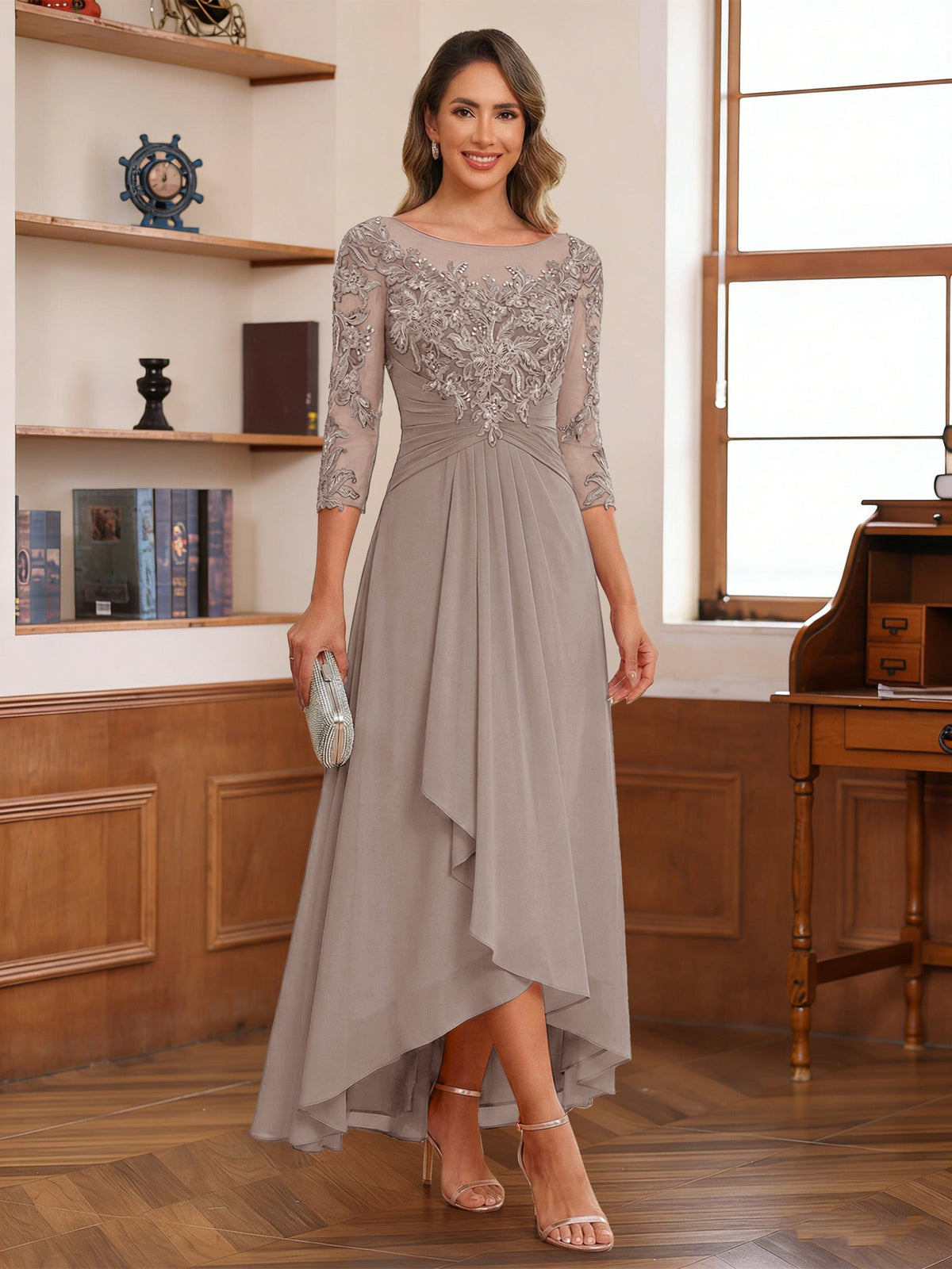Anaelle taupe front view mother of the bride dress
