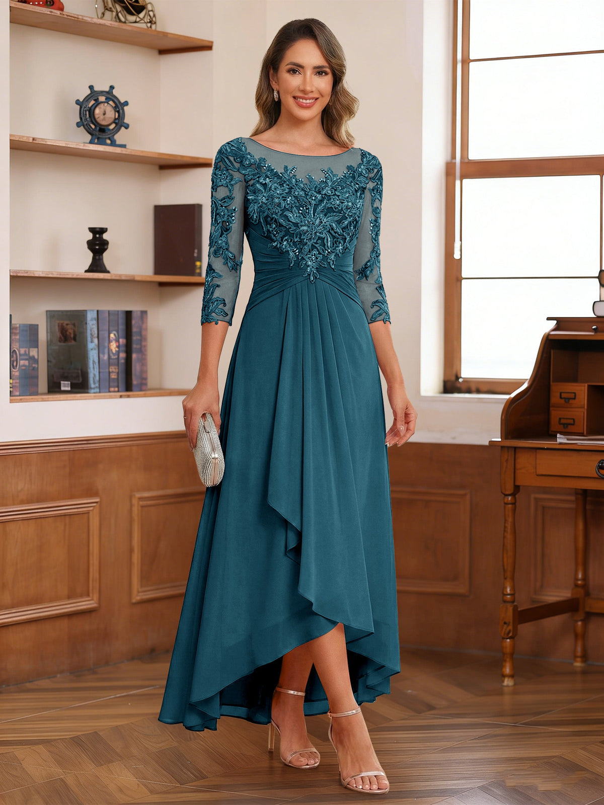 Anaelle teal front view mother of the bride dress