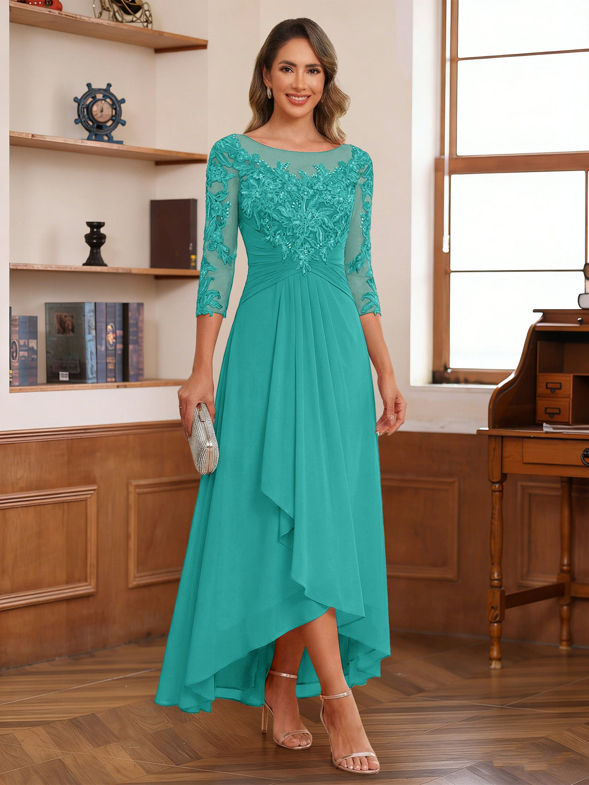 Anaelle turquoise front view mother of the bride dress