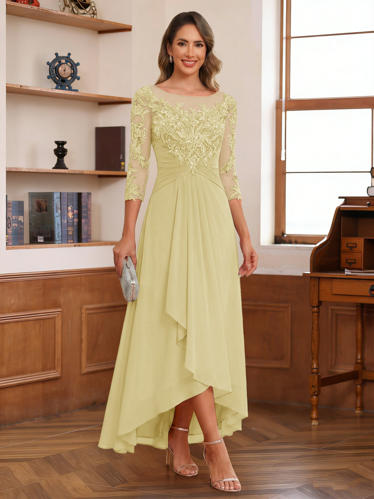 Anaelle yellow front view mother of the bride dress